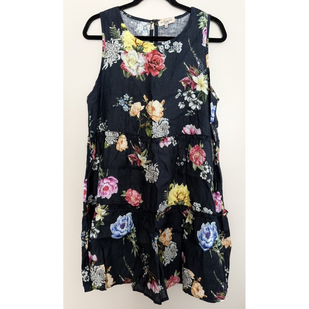 Le Ragazze 100% Linen Tiered Dress Blue Floral Sleeveless Women's Size Medium
